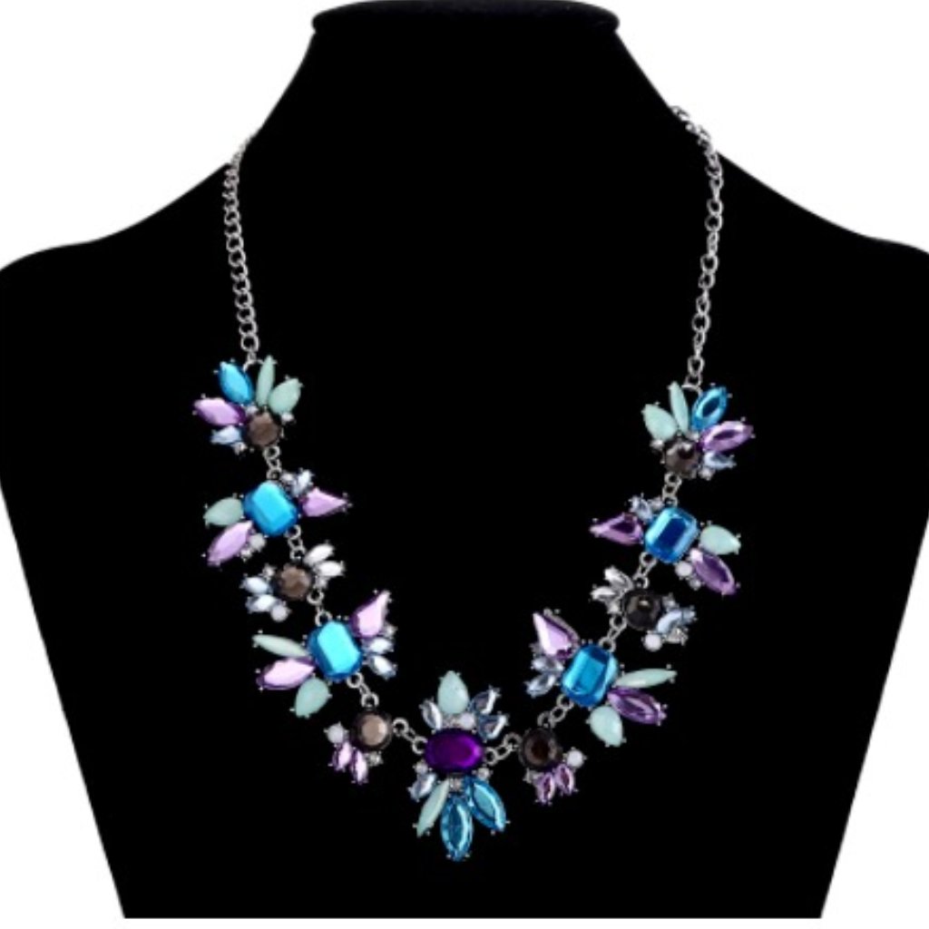Stunning Blues And Purple Rhinestone Necklace